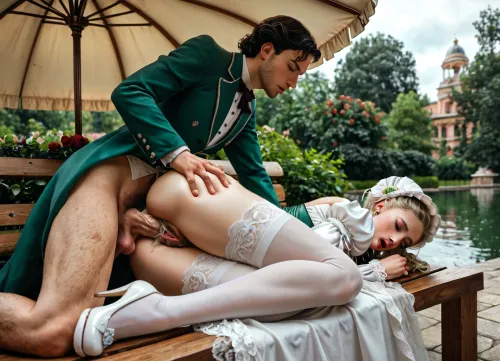 19th century The Russian Empire, a beautiful park of the noble estate, an architectural gazebo by the pond, a very beautiful Russian aristocrat girl, innocent 21 years old blonde, (intense sexual arousal and facial orgasm), white bonnet, Eyes are closed, white stockings, elegant ladies' shoes, narrow butt hips, a glance to the side, beautiful green gown, (girl lying with her legs spread and the hem of her dress lifted+gets fucked on a stone bench in the gazebo at a depraved man in a vintage frock coat), fucked from behind, lying on her side, vaginal penetration, cock, large hanging ball sack, (show cock in vagina), ((The man grabs, squeezes, gropping the girl's ass very hard, strong and roughly)), (legs spread), (hairy pussy and stockings are visible), (hairy pussy:1.3), side view from below, woman, ladydim, victorian, fcNeglora, detailed_notrigger, .7>, <lora:260797_training_data:.8>, <lora:MJ52:.8>, <lora:detailed_notrigger:.7>, <lora:681678_training_data:.8>