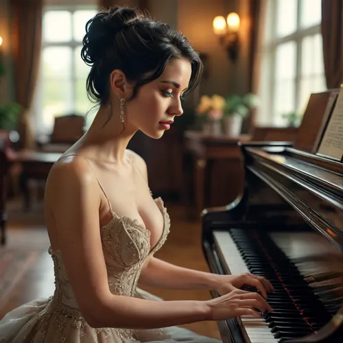 Mélodie élégante dans le salon

- Oui.

Une femme musclée aux cheveux noirs longs et séduisants, façonnée dans un updo élaboré, entre dans le grand salon d'un manoir somptueux. Elle portait une élégante robe de forme qui accentue ses courbes, avec un décolleté profond qui met en valeur sa confiance et sa douceur. Alors qu'elle s'asseyait à un piano élégant et poli, le son de ses doigts gracieux jouant une pièce classique remplissait la pièce de sophistication et de charme.