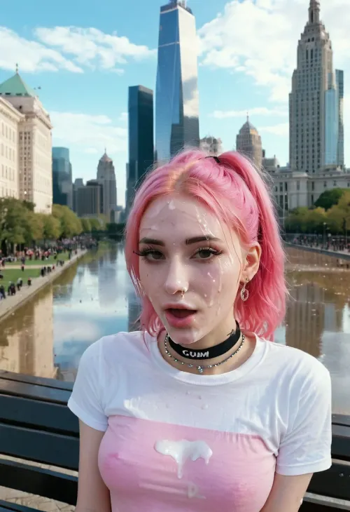young 18 years old slender egirl sitting on a bench, surprised face, pink hair, (phone in hand), cute tall face, (bright egirl makeup:1.2), (City Park), (a lot of cum on face:1.6), (view from above:1.2), (youth clothing style, e-girl style, tight T-shirt, choker, jewelry, bracelet on the wrist:1.2), bright sunny day, big city in the background, skyscrapers in the background, cinematic style, <lora:JustCum:.5>, <lora:MS_Real_XL_Bukkake:.5>