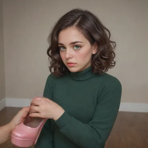 shy 28 year old woman, (embarrassed), (detailed expression), (room with wooden floor in background), (portrait, upper body shot, closeup:1.2), (middle parting), (turtleneck pullover), (short dark wavy hair), (dark brown hair), (curly bobcut), small breasts, flat chest, (dark green cashmere pullover), (dark green jumper), (emerald pullover), (well-built upper body), (holding pink platform high heels in her hands:1.2), (clutching pink shoes to her chest:1.2), holding, holding_shoes, <lora:holding_shoes_anime_xl_v1:.1>