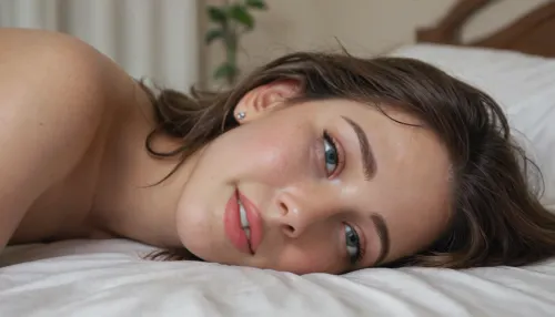 close-up on head of cute, (teenage), young slutty girl, laying on bed after having been used intensely, facing viewer, tired but happy, slight smile, ruined makeup, forehead full of cum, nose full of cum, mouth full of cum, cum running onto bed, warm light, beautiful morning
