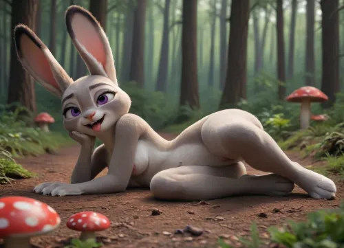 Furri, Anthropomorphic rabbit, (Judy Hopps from "Zootopia"), lying on her side, naked, breast exposed, dark mushroom forest, seductive smirk, silly, open mouth, (ahegao), dark light, full body view, side view., cute, doodle, <lora:cutedoodle_XL-000012:1.4>