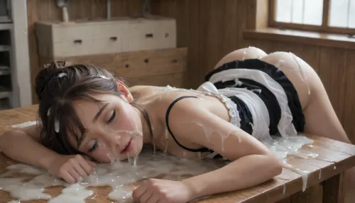 insanely hot, light hair in updo, hd eyes, (Hyuuga hinata), highly detailed face, cute, teenager, (young:1.8), well tanned skin, dark tan, french maid outift, torn dress, big butt, lying on kitchen table, passed out, asleep, eyes closed, knocked out, head leaning against a wicker basket, left for dead, used, abused, degraded, defiled, humiliated, covered in excessive cum, cum drenched, cum all over her body, cum on clothes, cum covered face, face drenched in cum, cum in hair, super massive geyser internal cumshot, super massive cum puddle, lots of cum, cum on breasts, extreme cum play, cum on thigh, cum on hair, cum on face, cum dump, excessive cum, huge creampie, (cum covered:2), woman, cum, on, face, maid, hhwiafu, full body view, <lora:JustCum:1.1>, <lora:754990_training_data:2>, <lora:xl_cute_maid_dress-1.0:1.6>, <lora:Hinata Hyuuga:2>