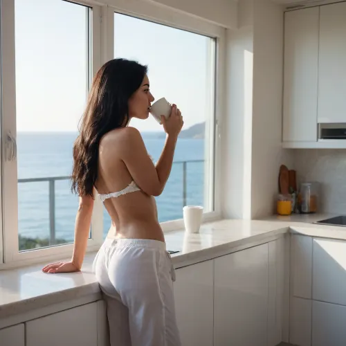 18 years old woman, long black hair, medium size breast, she stands in the kitchen drinking coffee, (topless), white pyjama pants, lagre window with view to the ocean, morning sun, close view, (highly detailed, photorealistic, UHD, 4K, 8K)