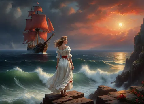 girl in fluttering tattered and torn medieval ragged white dress stands on high cliff above sea, stormy sea in the right part of frame, sailing ship with scarlet sails on the horizon, girl looking out to sea, gale force winds, girl looking at sailing ship with scarlet sails, view from distance, (oil painting in Aivazovsky style, night, nighttime, low lighting, highly detailed figure, at night, darkness)