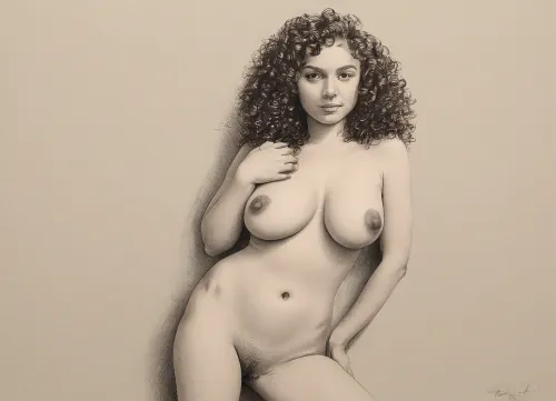 score_9, score_8_up, score_7_up, A detailed black and white pencil drawing with clean lines and meticulous shading, sketch of a fully nude woman with long curly hair, (curly1:2), leaning against a wall, both hands and arms raised above the head, legs spread open, soft features, and a serene expression. The drawing should have delicate shading and intricate details, capturing the essence of the subject with fine pencil strokes, background is be simple, allowing the focus to remain on the portrait itself, drawing, by, NTY, v0ng44g, sk3tch, .8>, she is curvy, sexy, medium tear drop tits, large areolas, slender medium build, light hair on pussy, puffy, nipples, dark, ghost, wide, <lora:sketch_it:1.3>, <lora:Nipples XL:.5>