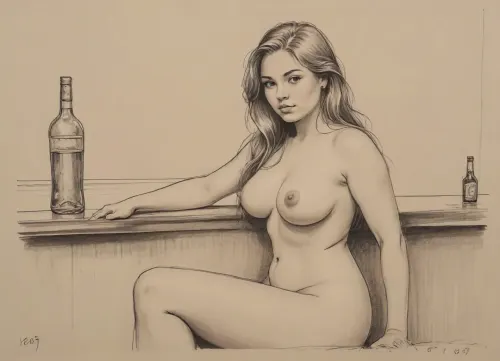 score_9, score_8_up, score_7_up, A detailed pencil drawing with clean lines and meticulous shading, sketch of a nude woman with long flowing hair, she is sitting at a bar, golfing a glass, staring at the glass, background is be simple, allowing the focus to remain on the portrait itself, soft features, and a serene expression. The drawing should have delicate shading and intricate details, capturing the essence of the subject with fine pencil strokes, drawing, by, NTY, v0ng44g, sk3tch, .8>, <lora:sketch_it:1.3>, she is curvy, sexy, small tits, thick waist, wide hips, big ass, fat thighs, chubby