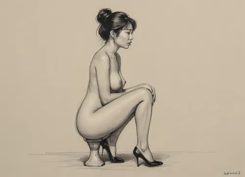 score_9, score_8_up, score_7_up, A detailed pencil drawing with clean lines and meticulous shading, sketch of a nude Chinese woman squatting in a toilet . she is tall and beautiful, with long legs, wearing black high heels, The drawing should have delicate shading and intricate details, capturing the essence of the subject with fine pencil strokes, background is be simple, allowing the focus to remain on the portrait itself, drawing, by, NTY, v0ng44g, sk3tch, .8>, <lora:sketch_it:1.3>