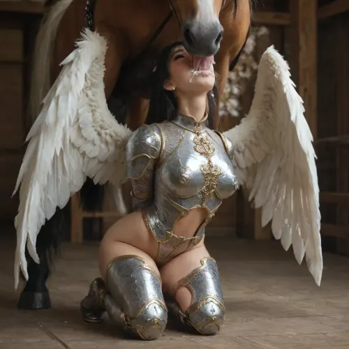 (beautiful young asian japanese woman:1.7), (fullbody view:1.8), (bound like a slave:1.6), (wearing full body leather armor:1.5), metal armor corsage, with one pair white angel wings on her back, with deep wide neckline, fake bimbo tits, extremely huge tits, monster tits, gorgeous green eyes, dark makeup, pink lipstick, white long hair with bangs, (deepthroat by big horse:1.7), (red veins horse penis:1), (covered cum:1.3), (cum in mouth:1.7), (her hair and her upper body is covered with cum:1.5), on a big Flower meadow, medieval setting, best quality, full color image, 8K Quality