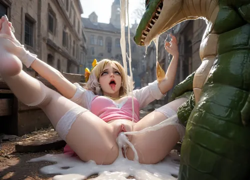 The sexy Scandinavian blonde nurse laid face up on a cum puddle. Her hands and feet were deep in the cum puddle. A crocodile on top of her fucks her pussy in missionary. The crocodile cums inside the sexy nurse and cum pours out of her pussy., side view, 1 girl, european, sexy scandinavian, sexy face, plump lips, (sexy makeup), blonde hair, big boobs, (sexy nurse), nurse uniform, stockings, dress up, skirt up, translucent stockings, sexy panties, translucent panties, 8k, great lighting, realistic, super real, (fucked by a crocodile), outside, on a cum puddle, sexy nurse on cum puddle, missionary, vaginal sex, voluptuous, (ahe gao, drool, eyes rolled up:1.3), moaning, visible breath, excessive thick creamy cum, (gallons of excessive thick creamy cum leaking from her pussy:1), excessive thick creamy cum in pussy, excessive thick creamy cum pouring from pussy, <lora:671410_training_data:.8>