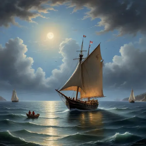 The painting is in the style of the Russian artist Ivan Konstantinovich Aivazovsky.The canvas depicts a large sailboat sailing towards an island, the outlines of which are visible in the distance. The island is clearly visible against the background of the night sky and the sea, which are brightly illuminated by the light of the full moon.A small boat was moored to the side of the ship on the right side. Local merchants swam up to the ship to offer the sailors their goods, food or water, or that the crew was going to get into the boat to go ashore.There is another boat in the foreground. The people sitting in it look at the ship sailing on the sea.In the background, a two-manned ship with lowered sails is anchored.On the sea surface along the coast, small sailing boats are visible, on which local fishermen went out to sea for night fishing.The painting is dominated by blue and light blue shades. The author solved the pictorial task with the help of contrast, which gives the work a bright yellow moonlight, flooding the sea and sky with its radiance.The moonlight path, trembling on a small ripple of the sea, gives the image volume and perspective. Light clouds floating across the night sky frame a calm .The artist assigns the main role to the sailboat sailing to the island in the painting. A red light is visible inside the ship, which contrasts with the bright moonlight.The work is painted in oil on canvas