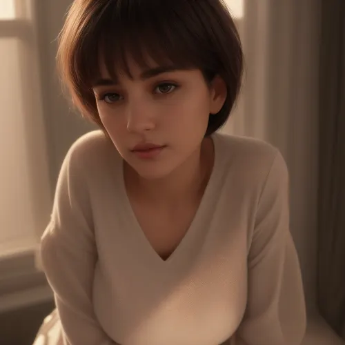 1girl Europian girl, looking at viewer, Full body view, 3D, realistic, a small delicate nose, soft rounded facial features, (but not chubby), large breasts, (tight cropped top), short gray skirt, brown natural hair, Warm eyes behind delicate glasses, messy shaggy Bob haircut, erect nipples visible through clothing, masterpiece, best quality, 8k, detailed skin texture, detailed cloth texture, beautiful detailed face, intricate details, ultra detailed, rim lighting, side lighting, cinematic light, ultra high res, 8k uhd, film grain, best shadow, delicate, RAW, <lora:ShenHe_TongRen:.8>