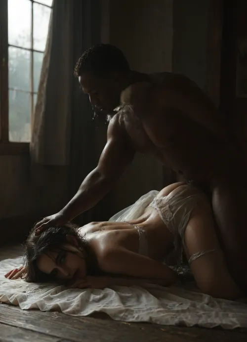 (((interracial))), (side view), large black penis, (brutal black man), (((black penis pissing on the bride))), wet wedding dress, A dark and melancholic atmosphere, A dark and moody modern house interior, thick blackout curtains drawn shut, a thin beam of soft light seeping through a small gap in the curtains, minimalistic furniture, cold and muted color palette, (dark greys, deep blues), dust particles in the light, atmosphere of stillness and sadness, cinematic lighting, high contrast shadows, quiet and empty. giant muscular black skin man, black man step on the bride, traditional Persian chubby bride in sexy cutout wedding dress, full, torn white stockings, (black spades tattoo), . body, all, fours, kneeling, spread, legs, top-down, bottom-up, single, leg, step on her head, stepped, on, head, ground, BadX, soakingwetclothes, <lora:SteppedOnHead-anxl31-000099:1.1>, <lora:MJ52:.8>, <lora:dark:.4>, <lora:soakingwetclothesXL:.8>, <lora:piss_in_mouth_deepmind:.8>