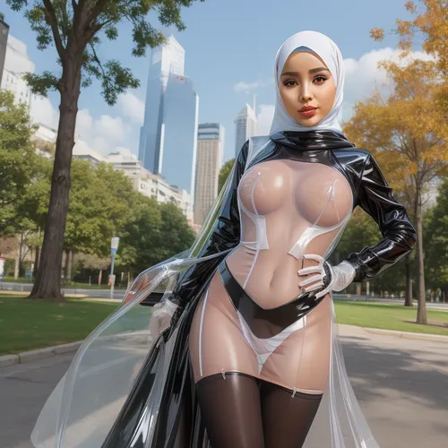 Figure, Girl, Thong, Park, Latex, Hijab, (transparent dresses), white Foreshortening