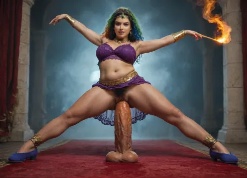 cinematic, close-up, 10-15x zoom, A magical Genie woman in a glass dome being surrounded by orange green blue smoke with a red rug long rainbow hair is levitating lifting both legs in the air, raising her hands to showing her strength, enjoys swirling orange smoke with gauntlets made of smoke while having extreme pussy penetration by gigantic dildo, twisting blue smoke, swirling green smoke, (solo, girl, woman, 24yo, Genie, long rainbow hair, bells on belt, (highly detailed face), square chin, wide nose, fat cheeks, dimples, eyes open wide, excited, serious, well-balanced, short, plump, stocky abs, hairy pussy, tanned skin, magical, strong, wise, artist, levitating, (splits:1.4), having extreme pussy penetration by gigantic dildo made of smoke, no anal, raising both legs off ground, purple lace dress, golden headpiece, belly dancing belt, wrist gauntlets made of orange smoke, blue ballet slippers made of smoke, (highly detailed background), smoke in foreground, smoke, fog, swirling smoke, gold coins, candles, twisting smoke, gauntlets made of smoke, red rug, gigantic dildo made of smoke), romantic lighting, dynamic camera angle, telephoto lens