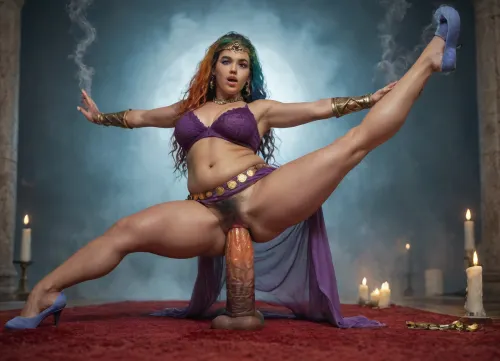 cinematic, close-up, 10-15x zoom, A magical Genie woman in a glass dome being surrounded by orange green blue smoke with a red rug long rainbow hair is levitating lifting both legs in the air, raising her hands to showing her strength, enjoys swirling orange smoke with gauntlets made of smoke while having extreme pussy penetration by gigantic dildo, twisting blue smoke, swirling green smoke, (solo, girl, woman, 24yo, Genie, long rainbow hair, bells on belt, (highly detailed face), square chin, wide nose, fat cheeks, dimples, eyes open wide, excited, serious, well-balanced, short, plump, stocky abs, hairy pussy, tanned skin, magical, strong, wise, artist, levitating, (splits:1.4), having extreme pussy penetration by gigantic dildo made of smoke, no anal, raising both legs off ground, purple lace dress, golden headpiece, belly dancing belt, wrist gauntlets made of orange smoke, blue ballet slippers made of smoke, (highly detailed background), smoke in foreground, smoke, fog, swirling smoke, gold coins, candles, twisting smoke, gauntlets made of smoke, red rug, gigantic dildo made of smoke), romantic lighting, dynamic camera angle, telephoto lens