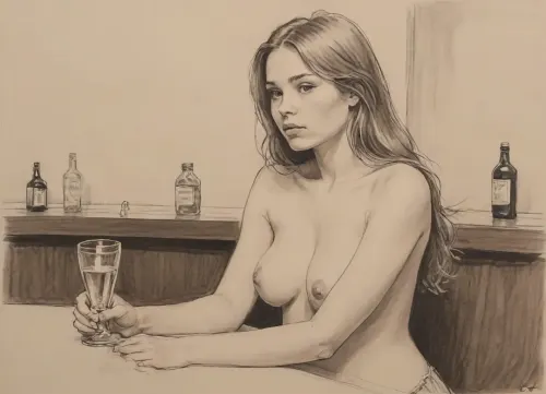 score_9, score_8_up, score_7_up, A detailed pencil drawing with clean lines and meticulous shading, black and white, sketch of a nude woman with long flowing hair, she is sitting at a bar, holding a glass in her hand, staring at the glass, background is be simple, allowing the focus to remain on the portrait itself, soft features, and a serene expression. The drawing should have delicate shading and intricate details, capturing the essence of the subject with fine pencil strokes, drawing, by, NTY, v0ng44g, sk3tch, .8>, <lora:sketch_it:1.3>, she is curvy, sexy, small tits, thick waist, wide hips, big ass, fat thighs, (young, young girl:1.8)