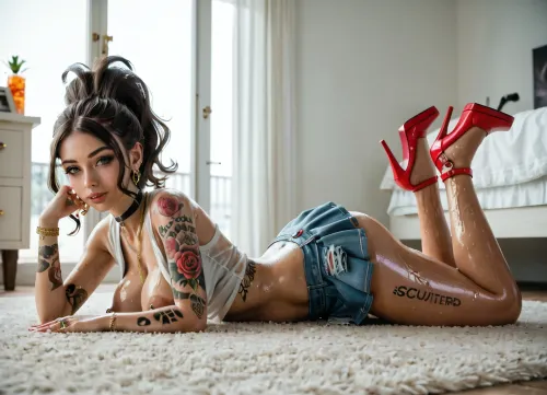 hilda, pokemon, wearing cutter Shirt, nosleeve, mini skirt, side view, in the bedroom, casual fashion, on the carpet, sexy pose, hansup, sweat armpit, necklace, choker, emerald　earring, diamond　ring, gold　chain, huge tits, Highheel, scull tattoo on arm, yakuza tattoo on leg, luxury, VIP, oiled body, very wet, big pierced nipples, huge tattoo on stomach, big uterus tattoo on lower abdomen, big areola, breast expansion, Belly button piercing, room light, slim, sixpack, terrace behaind, day