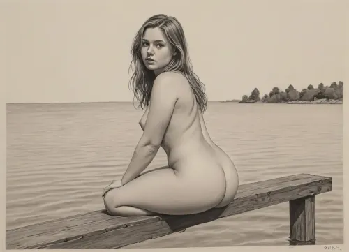 score_9, score_8_up, score_7_up, A detailed black and white pencil drawing with clean lines and meticulous shading, sketch of a nude woman with long flowing hair, wearing only bottom of bathing suit, sitting on a dock with her feet in the water, soft features, and a serene expression. The drawing should have delicate shading and intricate details, capturing the essence of the subject with fine pencil strokes, background is be simple, allowing the focus to remain on the portrait itself, drawing, by, NTY, v0ng44g, sk3tch, .8>, <lora:sketch_it:1.3>, she is curvy, sexy, small tits, thick waist, wide hips, big ass, fat thighs, light hair on pussy, (chubby:1)