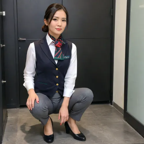 in vip room, CHINESE stewardess, (squatting：1.3), (full body, back side view:1.2), (stewardess uniform, grey waistcoat, white short sleeve shirt, (long grey long pants:1.2), Chinese females, chinese face, featuring a simple background wallacurate english text, ultra-detailed, highres, follow reference image text style, CFG 13, denoising 0.4. On the stage, several beauty pageant contestants stand gracefully, short black hairstle, blushing face, shameful, embarrassed, matured, close up, slender body, beautiful long legs, (1.2), full body photo, (black stewardess flat shoes:1.2), small square blue scarf, beautiful face, ankle, The scene is photorealistic, with vibrant colors, soft stage lighting, and ultra-high detail, 4K resolution, woman, squat), alitalia_woman_jacket, alitalia_woman_skirt, alitalia_woman_white_shirt_short_sleeves, alitalia_woman_white_shirt_long_sleeves, alitalia_woman_dress, alitalia_green_silk_scarf, alitalia_red_silk_scarf, alitalia_blue_silk_scarf, alitalia_wool_scarf, alitalia_woman_shoulder_bag, alitalia_apron, alitalia_woman_sweater, alitalia_woman_trenchcoat, alitalia_woman_pants, alitalia_man_jacket, alitalia_man_pants, alitalia_man_waistcoat, alitalia_man_white_shirt, alitalia_man_trenchcoat, alitalia_man_blue_tie, alitalia_man_red_tie, alitalia_man_shoulder_bag, alitalia_man_sweater, alitalia_gloves, alitalia_id_card, alitalia_badge, flight, attendant, stewardess, steward, <lora:flashpan:1.3>, <lora:alitfina100Ep:1.1>