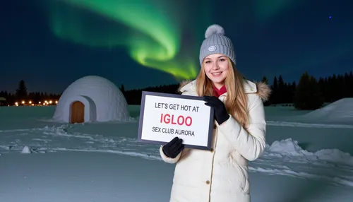 A snowy winter landscape with a igloo, dark sky with northern lights . A young blonde woman, wearing a winter coat, bobble hat, gloves, smiling, holding a sign with text "LET'S GET HOT AT IGLOO SEX CLUB AURORA".