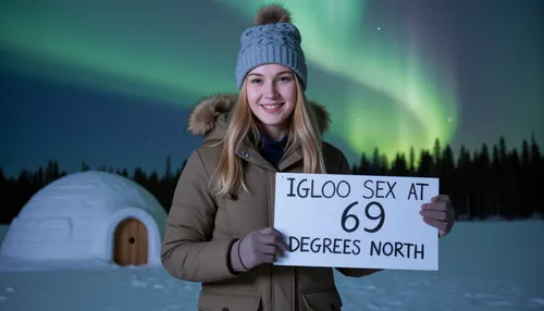 A snowy winter landscape with a igloo, dark sky with northern lights. A young blonde woman, scandinavian, nordic beauty, wearing a winter coat, bobble hat, gloves, smiling, holding a sign with text "IGLOO SEX AT 69 DEGREES NORTH".