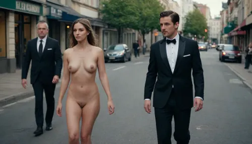 man and woman are walking on the street. Man in dressed in very fine tuxedo suit and woman is totally naked
