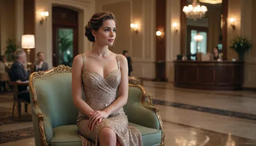 Luxery hotel lobby, Woman in elegance dress, sitting