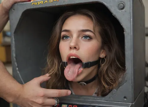 (woman is stuck with her hips in a round hole with metal rim in an arcade machine), (hands sticking out of slots:1.4), (score_9, score_8_up, score_7_up, UHD 8K, masterpiece, best quality, maximum details, natural light, extreme realism, cinematic still), (very happy), (her hands are protruding from holes:1.3), (stuck in hole with metal rim), (wide mouth spreader ring gag, gaping mouth:1.5), (leaning forward), (box is low mounted, close to floor), (huge penis), (she stares at erect penis in front of her face)