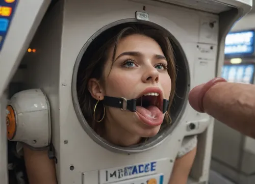 (woman is stuck with her hips in a round hole with metal rim in an arcade machine), (her arms are fixated in machine:1.5), (score_9, score_8_up, score_7_up, UHD 8K, masterpiece, best quality, maximum details, natural light, extreme realism, cinematic still), (very happy), (her hands are protruding from holes:1.3), (stuck in hole with metal rim), (wide mouth spreader ring gag, gaping mouth:1.5), (leaning forward), (box is low mounted, close to floor), (huge penis), (she stares at erect penis in front of her face:1.3)