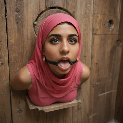 (glory wall:1.3), (bust and head sticking out of glory wall:1.3), (muslim Indian girl trapped in hole in wall:1.5), (stuck in wall up to waist:1.3), massive round silicone tits, pink latex hijab, black latex gloves, (wide mouth spreader ring gag:1.2), alone, (from side), (leaning forward:1.4), horny, happy, eyes closed, wooden wall, (score_9, score_8_up, score_7_up, UHD 8K, masterpiece, best quality, maximum details, natural light, extreme realism, cinematic still)