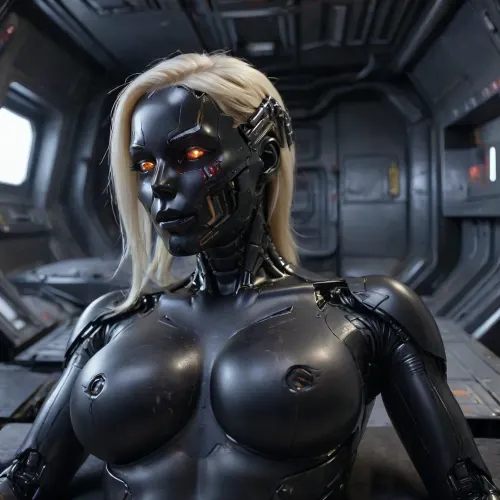 damaged busty blonde robot, back view, full body view, lying on stomach inside spaceship, sticking out the ass, black fully robotic body, beautiful human angry face with tanned silicone skin, (sparks and smoke coming from severely damaged robotic neck:1.3), <lora:bombshell_v2:.8>, <lora:hightech_robotics:.8>, hightech_robotics, <lora:CyborgMechExosuit_v1.5:1>