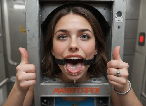 (woman is stuck with her hips in a round hole with metal rim in an arcade machine), (wide smile, obsessive:1.3), (her arms are fixated in machine, she shows thumbs up:1.5), (score_9, score_8_up, score_7_up, UHD 8K, masterpiece, best quality, maximum details, natural light, extreme realism, cinematic still), (very happy), (her hands are protruding from holes:1.3), (stuck in hole with metal rim), (wide mouth spreader ring gag, gaping mouth:1.5), (leaning forward), (box is low mounted, close to floor), (huge penis), (she stares at erect penis in front of her face:1.3), (cum on her face, bukkake:1.3)