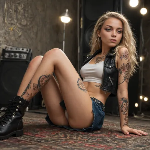 Beautiful swedish young girl, (20), skinny body, blonde white hair, perfect face, (freckles:1.5), perfectly detailed green eyes, (tanned), perfect breasts, very slim waist, tattoos, (arm tattoos:1.5), (leg tattoos:1.5), (geometric tattoos:1.8), Black leather biker jacket, ripped fishnet crop top, plaid red pleated mini skirt, studded belt with hanging chains, torn black tights, combat boots with steel toes, Grimy industrial basement, perched on an old speaker, legs crossed at ankle, hands gripping seat, side-angle at eye level, single overhead bulb casting sharp shadows, DSLR camera, best quality, best resolution, uhd, perfect composition of lights and shadows, dynamic, the brightest image, clear focus, high resolution, (extreme detail), (ultra realism), UHD, super high quality, super high resolution, extremely detailed