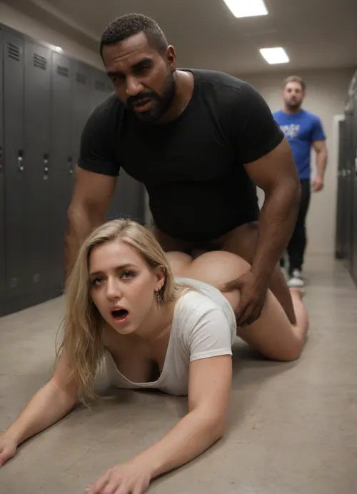 interracial, (saving marriage:1.5), (caught cheating:1.8), (husband looking from distance:1.6), (moaning:1.4), (prone sex:1.2), dark gym locker room, black walls, night, long hair, 4k very fat wife, old married, (woman wearing a tight T-shirt and leggings), (old fat woman), (sagging breasts), tanned, blonde, tall african man, ((very muscular african brute)), standing, black man fucking doggystyle, massive cock fucking, rough sex, smoked face, (low light in dark room:1.3), brutal fucking, aidxlv05_neg, dark, chiaroscuro, low-key, green, eyes, blue, brown, perfecteyes, orgasmface, <lora:sdxl_darkflash_v6-000060:.7>, <lora:zavy-cntrst-sdxl:.6>, <lora:PerfectEyesXL:1>, <lora:orgasmface_SDXL:.8>