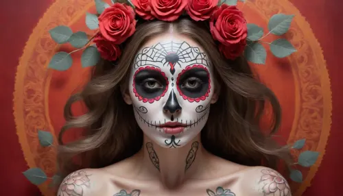 A illustration in bright pastels of a woman with an intricately designed sugar skull, a symbol deeply rooted in Mexican Day of the Dead, (Día de los Muertos), celebrations. The composition is centered, drawing immediate focus to the woman's face, which is adorned with elaborate, symmetrical patterns. The monochromatic palette, dominated by shades of grey and white, emphasizes the ethereal and serene quality of the piece. The artist employs a hyper-realistic style, evident in the meticulous detailing of the woman's hair, which cascades with realistic texture, and the delicate petals of the roses that frame her head. The use of light and shadow is subtle yet effective, creating depth and dimensionality in the image. Soft gradients and smooth transitions between tones. The symmetrical arrangement of the flowers and the skull's patterns evoke a sense of balance and harmony, while the woman's calm, slightly melancholic expression adds an emotional layer. Contemporary art movement, with influences from traditional Mexican folk art and modern hyper-realism. romantic sunset, red, smoke, colorful and vibrant, mystical colors, iridescent perspective view, sweeping circling composition, non-representational, colors and shapes, expression of feelings, imaginative, long shadows, dreamy mood, detailed photo, photorealistic photo, realistic pretty women photo, realistic night vision, soft fokus, parallax, overexposure, photo style, she kneels, cinematic, filmic, scribbled lines, surrender, polychromatic, diffuse, #©KITTYART