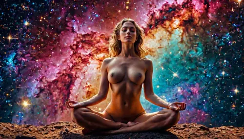 ((Beautiful 1 naked woman sitting yoga pose)), (full body), official art, extremely detailed CG unity 8k wallpaper, perfect lighting, Colorful, Bright_Front_face_Lighting, shiny skin, (masterpiece:1), (best_quality:1), ultra high res, 4K, ultra-detailed, photography, 8K, HDR, highres, (vibrant_color:1.2), professional photograph, (full length body), cinematic, great shading, moody lighting, (((colourful constellations background))), <lora:add-detail-xl:1>, <lora:Creat0r_MagicDetailzV2_FIX:.8>, <lora:MJ52:.1>, Galaxy, <lora:Galaxy:.8>, puffy, nipples, dark, large areola, wide, <lora:Nipples XL:.8>