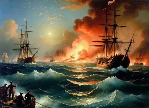 The painting is in the style of the Russian artist Ivan Konstantinovich Aivazovsky.In the depths of the bay, burning ships can be seen sinking, fragments of masts flying apart from the explosion. Rising flames with scarlet-blue smoke mix with clouds, and the light of the moon illuminates the hellish mixture of fire and water. In the foreground, the flagship of the Russian fleet "Three Hierarchs" stands in dark silhouette, to which a boat with the crew of the fireman D. S. Ilyin approaches. Behind the "Three Hierarchs" are "Europa" and "Rostislav", on the left in the background is "Don't touch me", (the location of the Russian ships is slightly "edited" by Aivazovsky, the ships are closer to each other than they were in real combat), . On the left in the foreground, Turkish sailors can be seen in the water, clinging to the wreckage of ships in order not to drown. In the background, the city is illuminated by the glow of the fire. The composition is built on a sharp contrast between flames, pale moonlight, clouds of smoke and fire covering the sky — all this creates the impression of tension and drama of the events taking place. Visually, the center of the picture is not even the Russian ships in the foreground, visible more as silhouettes against the background of clouds of flame and smoke, but the burning formation of the Turkish fleet., painted in the so-called oriental taste.