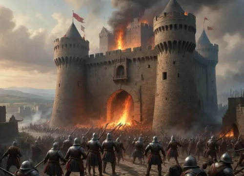 masterpiece, full color image, 8K quality, epic oil painting, The painting depicts the moment of the beginning of the storming of a medieval fortress in the early morning. Soldiers in steel armor and helmets climb ladders on high walls, from above the besieged shoot at them with bows and crossbows, pierce them with spears, pour tar, the fierceness of the assault is shown, the towers and walls of the flaming medieval fortress are visible. In general, the painter displayed many details, for example, smoke and fire covering the entire space of the painting, and the boredom of the advancing troops, he managed to convey the entire character of one of the fierce and heroic events of the war.