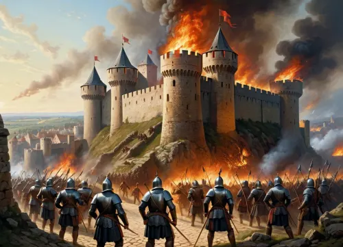 masterpiece, full color image, 8K quality, epic oil painting, The painting depicts the moment of the beginning of the storming of a medieval fortress in the early morning. Soldiers in steel armor and helmets climb ladders on high walls, from above the besieged shoot at them with bows and crossbows, pierce them with spears, pour tar, the fierceness of the assault is shown, the towers and walls of the flaming medieval fortress are visible. In general, the painter displayed many details, for example, smoke and fire covering the entire space of the painting, and the boredom of the advancing troops, he managed to convey the entire character of one of the fierce and heroic events of the war.