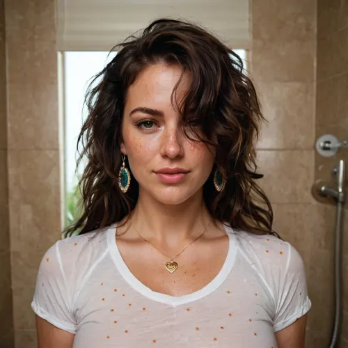 woman, masterpiece, best quality, beautiful messy wild hair, hair over one eye, bathroom, close-up bust, beautiful curves, fitted tee shirt, 30 years old, with pokies, pokies, bukkake, sexy, necklace, light freckles, happy, long shirt, standing, pov, high detail, slutty, wetshirt