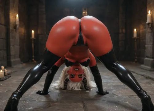 closeup, [demon woman on all fours, facing away from viewer, ass in the air in large open stone dungeon crypt], [Mazikein, demon woman, 32 years old, (bright red skin), , , glossy skin, (very long straight pure white hair:1.3), (two medium length glossy black horns growing from forehead), , , (slanted glowing yellow eyes:1), mischievous, upturned nose, demoniac, dark eyeliner, smoky eyeshadow, black lipstick, (medium breasts, DD cup breasts), , , (skimpy black latex bikini, long latex gloves, thigh high latex boots, black latex), , ], (naughty expression), (facing away from viewer), (focus ass in the air), (focus on all fours), (wide open dungeon crypt, candles, dark dungeon crypt, damp stone walls, flagstone)