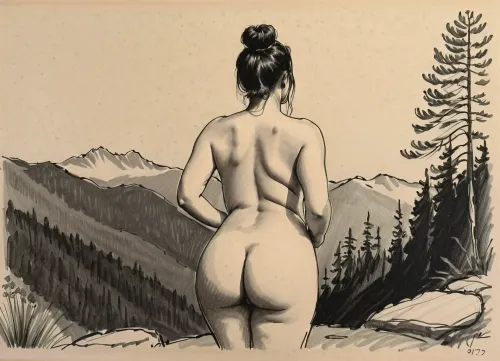 score_9, score_8_up, score_7_up, A detailed black and white pencil drawing with clean lines and meticulous shading, sketch of a nude woman with hair pulled into a bun on top of her head, she taking a shower outdoors, view of the mountains and forest, soft features, and a serene expression. The drawing should have delicate shading and intricate details, capturing the essence of the subject with fine pencil strokes, background is be simple, allowing the focus to remain on the portrait itself, drawing, by, NTY, v0ng44g, sk3tch, .8>, sexy, 34d tits, saggy tits, large dark areolas, thick waist, wide hips, big ass, fat thighs, hairy pussy, 4, puffy, nipples, dark, ghost, wide, woman, <lora:sketch_it:.1>, <lora:Nipples XL:.4>, <lora:finenude_v0_2a:.4>