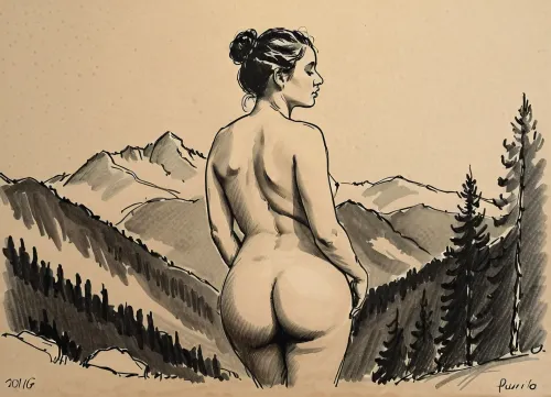 score_9, score_8_up, score_7_up, A detailed black and white pencil drawing with clean lines and meticulous shading, sketch of a nude woman with hair pulled into a bun on top of her head, she taking a shower outdoors, view of the mountains and forest, soft features, and a serene expression. She is lathering soap on her breasts with both hands, her trimmed, hairy pussy in full view. The drawing should have delicate shading and intricate details, capturing the essence of the subject with fine pencil strokes, background is be simple, allowing the focus to remain on the portrait itself, drawing, by, NTY, v0ng44g, sk3tch, .8>, sexy, 34d tits, saggy tits, large dark areolas, thick waist, wide hips, big ass, fat thighs, hairy pussy, 4, puffy, nipples, dark, ghost, wide, woman, <lora:sketch_it:.1>, <lora:Nipples XL:.4>, <lora:finenude_v0_2a:.4>