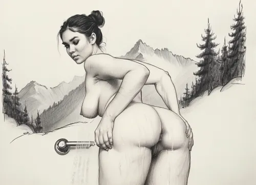 score_9, score_8_up, score_7_up, A detailed black and white pencil drawing with clean lines and meticulous shading, sketch of a nude woman with hair pulled into a bun on top of her head, she taking a shower outdoors, view of the mountains and forest, soft features, and a serene expression. She is lathering soap on her breasts with both hands, her trimmed, hairy pussy in full view. The drawing should have delicate shading and intricate details, capturing the essence of the subject with fine pencil strokes, background is be simple, allowing the focus to remain on the portrait itself, drawing, by, NTY, v0ng44g, sk3tch, .8>, sexy, 34d tits, saggy tits, large dark areolas, thick waist, wide hips, big ass, fat thighs, hairy pussy, 4, puffy, nipples, dark, ghost, wide, woman, <lora:sketch_it:1>, <lora:Nipples XL:.2>, <lora:finenude_v0_2a:.8>