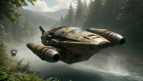combat big combat and transport vehicle equipped with twin trucks hover seeing action on Fern., More Fern content can be found on my Fern Landscape., Hovering_, Hover_, Landscape, Render, water, color, mgt2e, spaceship, s3r3n1ty, Tank, 1, <lora:JJsLandscape_Render_XL:.8>, <lora:630414_training_data:1.4>, <lora:s3r3n1ty_SDXL_v1_32-000031:.5>, <lora:Modern Tank - XL SDXL V1.0:.1>