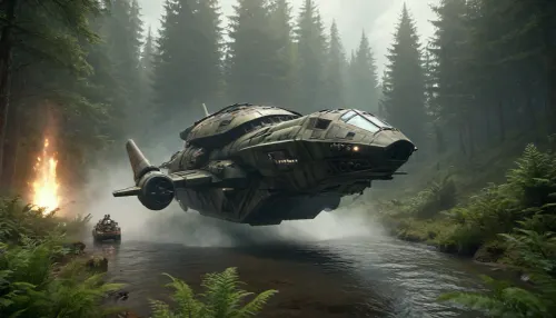 combat big combat and transport vehicle equipped with twin trucks hover seeing action on Fern., More Fern content can be found on my Fern Landscape., Hovering_, Hover_, Landscape, Render, water, color, mgt2e, spaceship, <lora:JJsLandscape_Render_XL:.8>, <lora:630414_training_data:1.4>, s3r3n1ty, <lora:s3r3n1ty_SDXL_v1_32-000031:.8>
