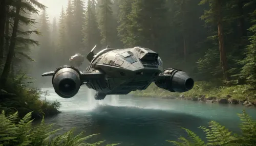 combat big combat and transport vehicle equipped with twin trucks hover seeing action on Fern., More Fern content can be found on my Fern Landscape., Hovering_, Hover_, Landscape, Render, water, color, mgt2e, spaceship, <lora:JJsLandscape_Render_XL:.8>, <lora:630414_training_data:1.4>, s3r3n1ty, <lora:s3r3n1ty_SDXL_v1_32-000031:.8>