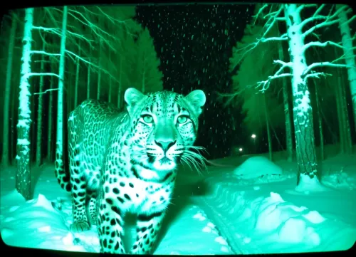 security camera footage, wide angle, show leopard, staring directly into the lens, piercing eyes, opened mouth, sniffing, alert expression, close-up shot, nose close-up, night, dense snow-covered pine forest, heavy snowfall, blizzard conditions, grainy, (low resolution, monochrome green, (night vision), , , static noise, VHS distortion, scan lines, timestamp overlay:1.3), motion blur, low bitrate artifacts, compression artifacts, surveillance camera aesthetic, style raw, CCTV, Style, Infrared_photography, no, humans, scenery, sky, outdoors, tree, blue, day, cloud, building, <lora:SDXL-CCTV-Style-Lora:1.6>, <lora:Infrared_photography_SDXL_V1:.8>