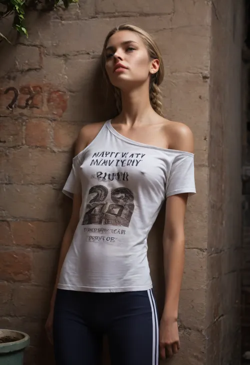 1girl, (dirty back alley at night:1.5), (beautiful 18 year old girl leaning back against the wall:1.6), blonde braided hair, tanned skin, tall skinny, (C-cup firm tits, erect nipples:1.5), (wearing oversize t-shirt, exposed shoulder, tight micro miniskirt:1.5), (looking absolutely terrified:1.5), (full body view from the side!)